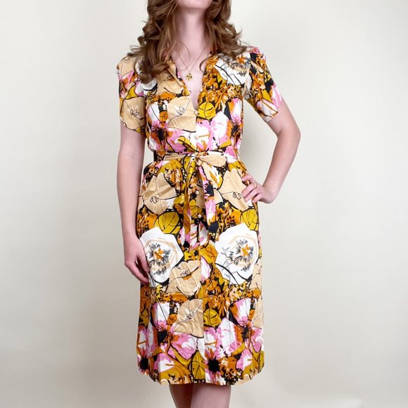 Vintage Floral Midi Dress Belted Puff Poof Sleeve Mid Century Modern 60's 70's - Picture 9 of 9